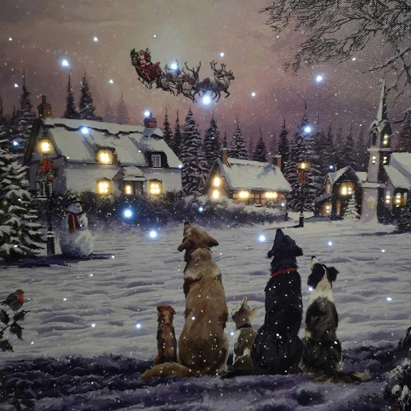 Samuel Alexander 40 x 30cm Battery Operated Light up Fibre Optic Dogs Watching Santa Christmas Wall Canvas