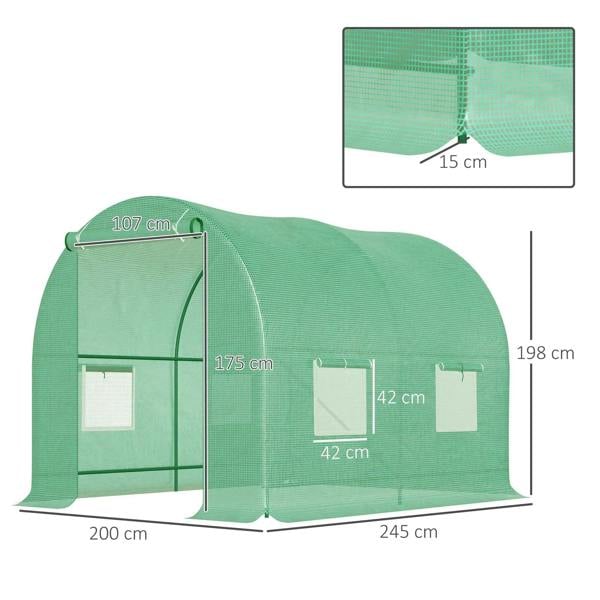 Green polytunnel greenhouse diagram showing arched roof and side door openings