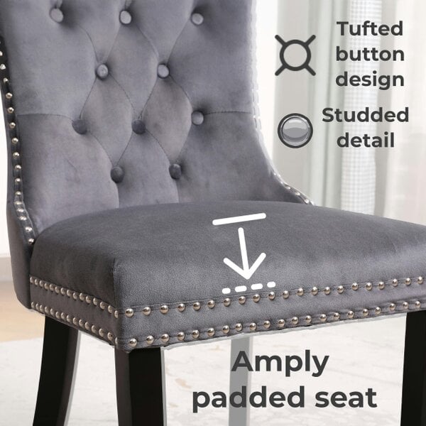 Neo Set of Four Dark Grey Studded Velvet Dining Table Chair with Ring Knocker Detail