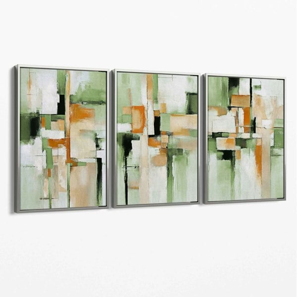 Artze Wall Art Abstract Sage Green and Orange Set of 3 Canvas Wall Art