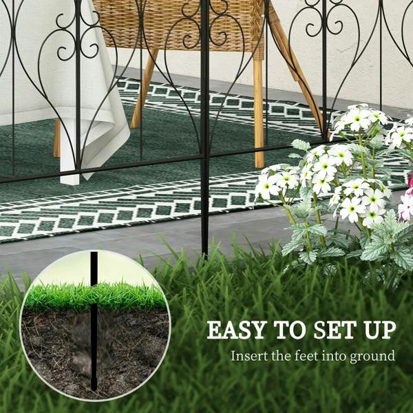 Black metal fence panel stakes for easy setup, with heart-arch scrollwork section