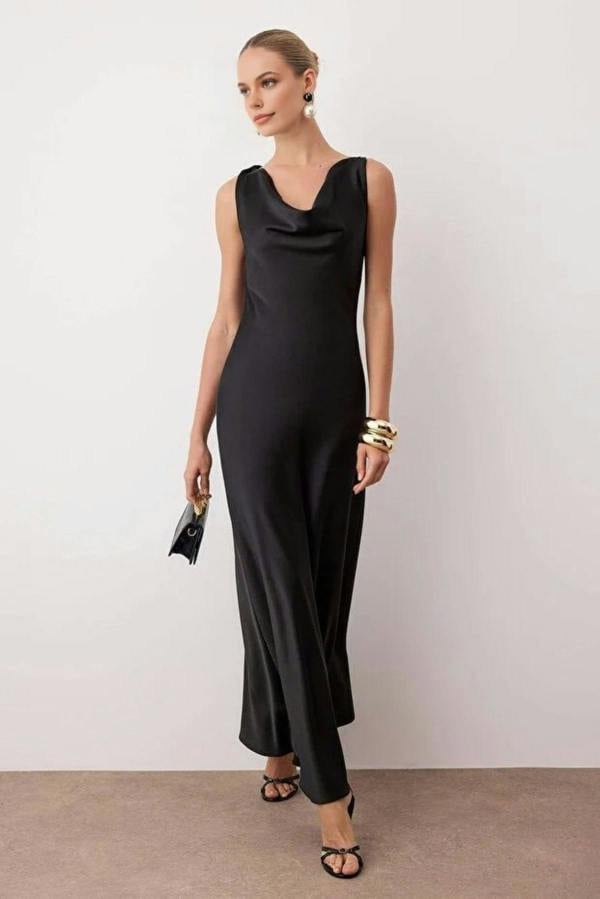 WOVCOR A-Line Cowl Neck Satin Maxi Elegant Dress