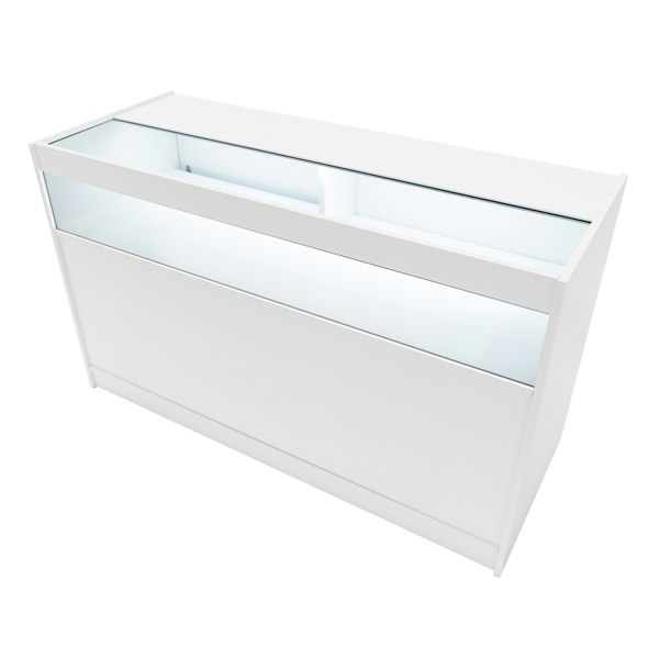 Harmonia LED shop counter set in white, featuring sleek lines, a glass display top, and integrated LED lighting for enhanced visibility