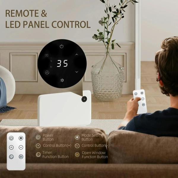 White electric convector heater with black LED thermostat display and handheld remote control.