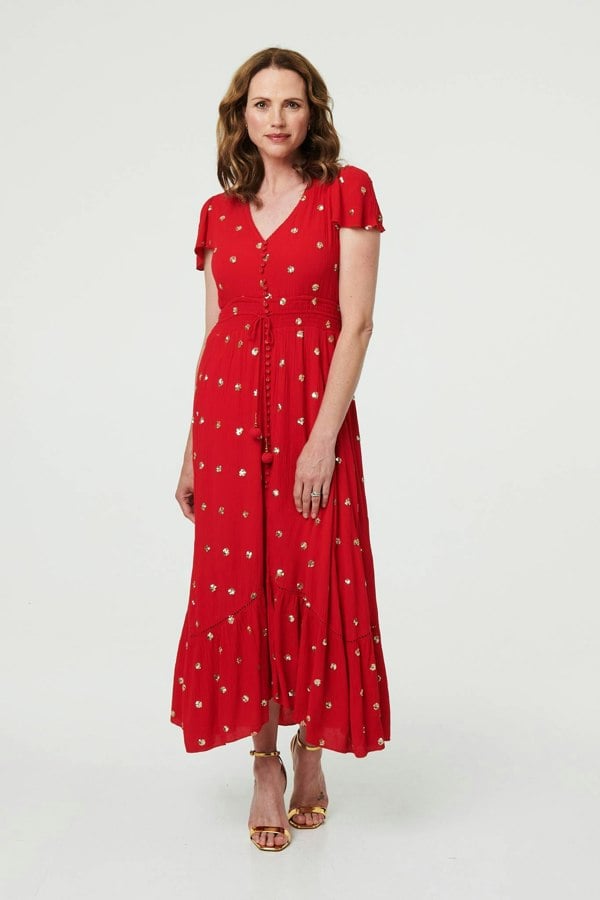 Red | Sparkly Cap Sleeve Tassel Tie Maxi Dress

