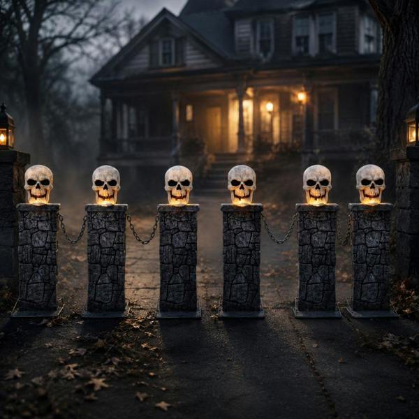 Samuel Alexander Pack of 2: 90cm x 1.2m Battery Powered Light Up Halloween Skull Fence with LEDs