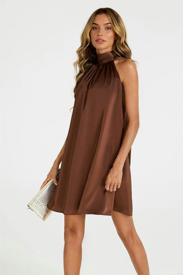 FS Collection Satin Halter Neck Tie Back Mini Dress In Brown