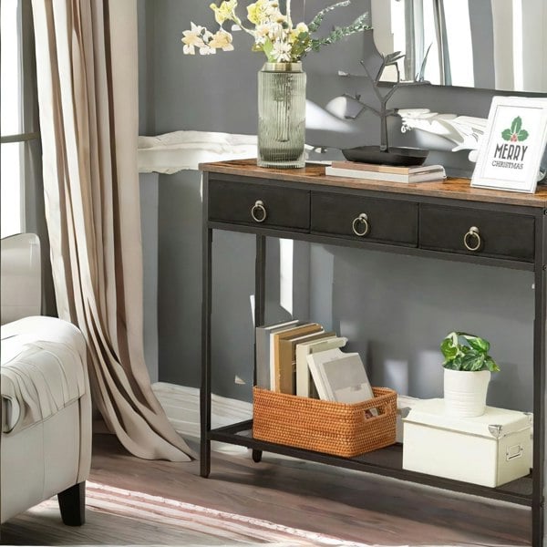 Rafaelo Mobilia Slim Sofa Table with 3 Non-woven Drawers