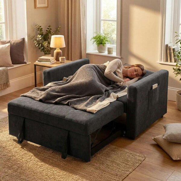 Loveseat Sofa Bed, Convertible Bed Settee with 2 Pillows, Side Pockets, Black