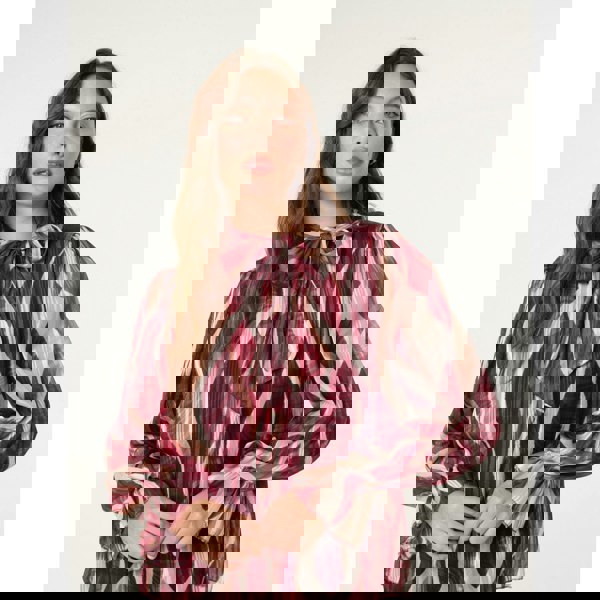 Blue Vanilla Geometric Print Pussybow Metallic Top