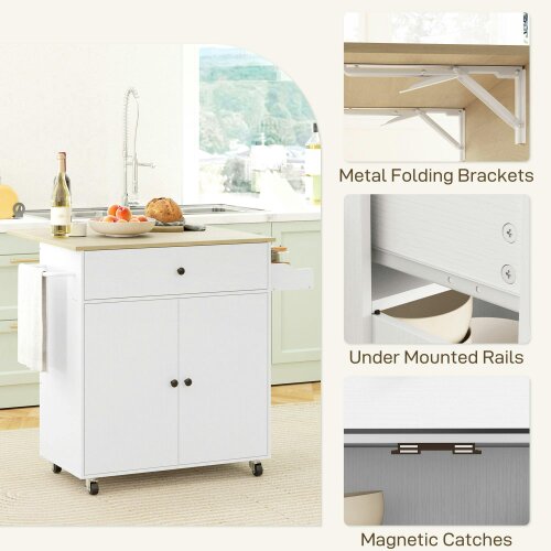 Wyld Haus Seto Wooden White Rolling Kitchen Island With Drop Leaf Drawer Spice Rack And Towel Rail