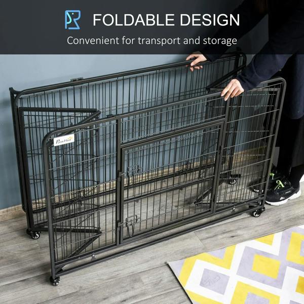 Foldable dark grey metal dog kennel on wheels with front panels folded
