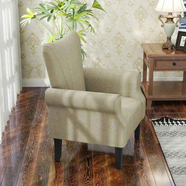Beige upholstered accent chair with rolled arms and dark legs
