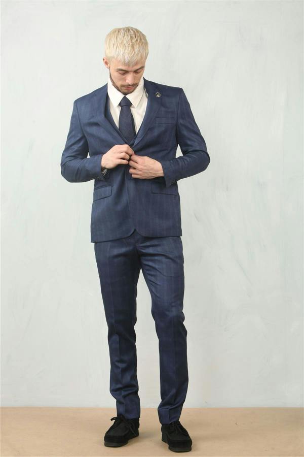 Infinity Leather Men's 3 Piece Prince Of Wales Blue Suit Workwear