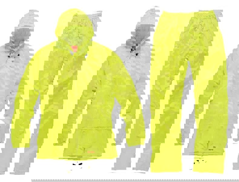 Scruffs Mens Waterproof Suit Yellow Two-Piece Rain Set Rainsuit Trousers and Jacket, high visibility yellow rainwear with hood and elastic cuffs for men.
