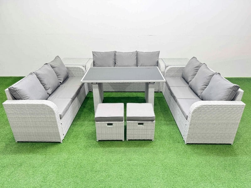 Fimous Patio Garden Furniture Sets with Black Glass Top Dining Table 3 Seater Sofa 2 Side Tables 2 Small Stool Light Grey