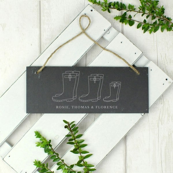 Personalised Memento Company Personalised Welly Boot Family of Three Hanging Slate Plaque