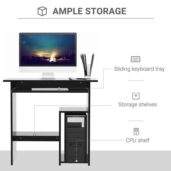 Black computer desk with sliding keyboard tray, storage shelves, and CPU shelf