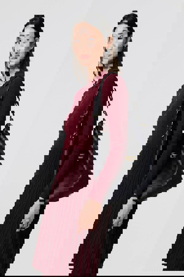 Red | Zip Collar Pleated Knit Dress