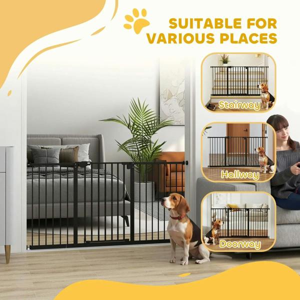 Black safety gate for stairway, hallway, and doorway, with vertical bars
