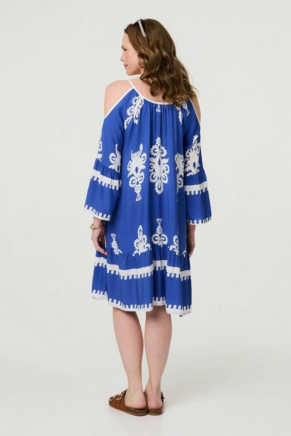 Blue | Ikat Print Cut Out Knee Length Sun Dress

