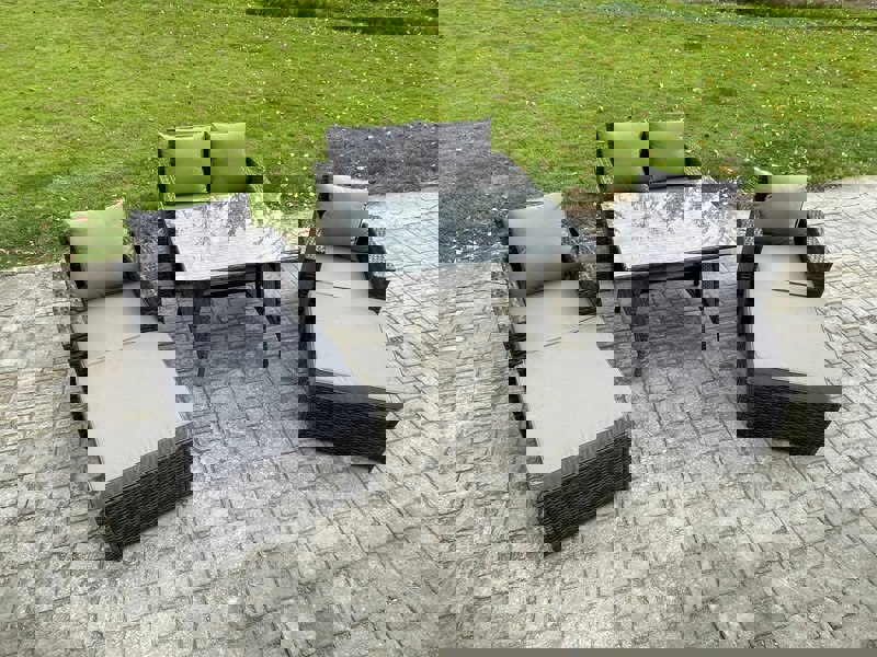 Fimous Outdoor Garden Dining Set - Dark Grey Mixed PE Wicker Rattan Sofa with Rectangular Table, Double Seat Sofa & 2 Armchairs