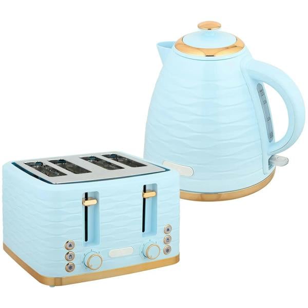 Light blue electric kettle and 4-slice toaster set with control knobs
