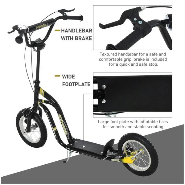 Black scooter with textured handlebar with brake and wide inflatable footplate for stability.
