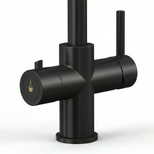 Matt black boiling water tap close up on a white background