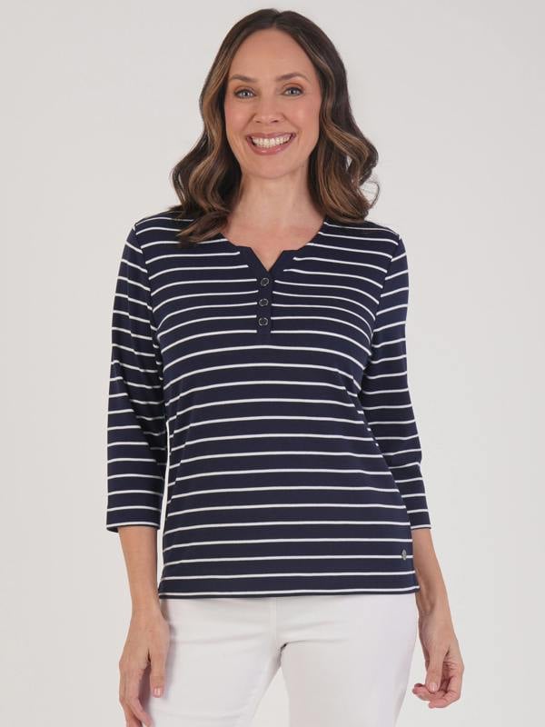 PennyPlain Notch Neck Stripe Top - French Navy/ivory