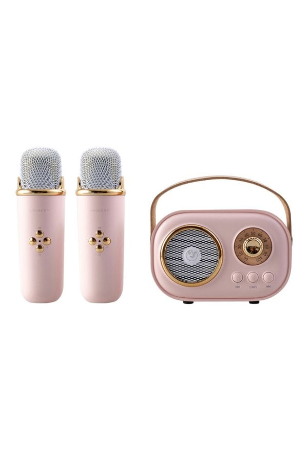 Living and Home Portable Retro Pink bluetooth Karaoke Machine Speaker System with Wireless Microphones