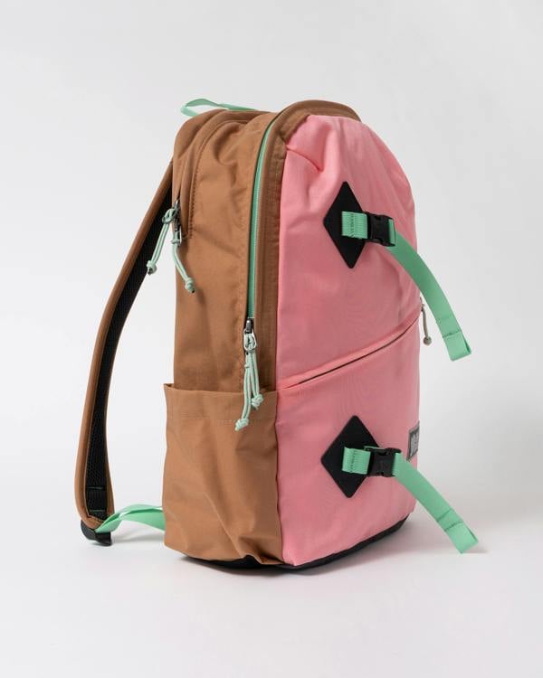 side of a Fjallraven Vardag Unisex Backpack 17 in Poppy Pink and Khaki Dust 
