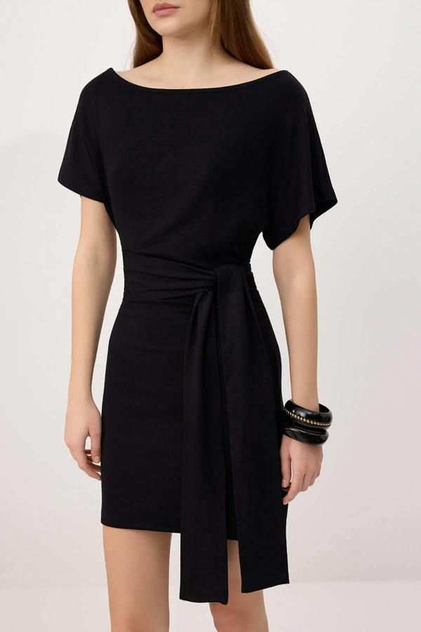 WOVCOR Bodycon Asymmetric Neck Tie Detail Short Sleeve Mini Dress
