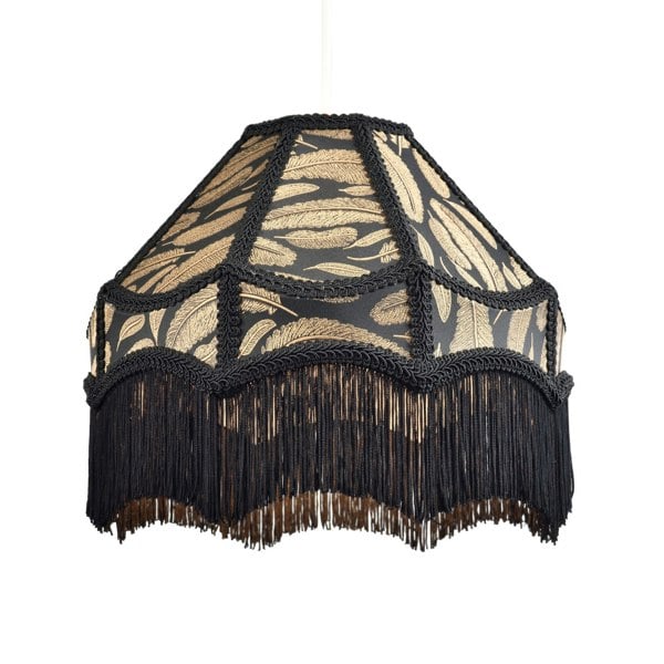 Traditional Black Victorian Empire Pendant Shade with Tassels and Golden Leaves Image 1