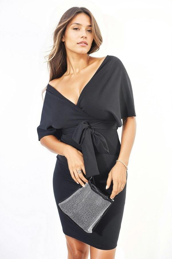 Camilla V-neck Tie Waist Wrap Mini Dress - Black