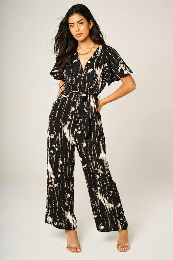 FS Collection Bleach Effect Print Wrap Top Jumpsuit In Black
