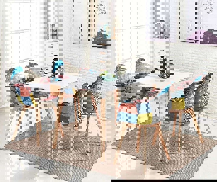 Life Interiors Patchwork Multicolor Fabaric Upholstered Accent Chair with Wooden Legs, Mid-Century Modern Armchair