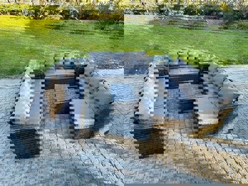Fimous Rattan Outdoor Furniture Set Patio Garden Sofa Set with Square Coffee Table Big Footstool 2 Side Tables Dark Grey Mixed