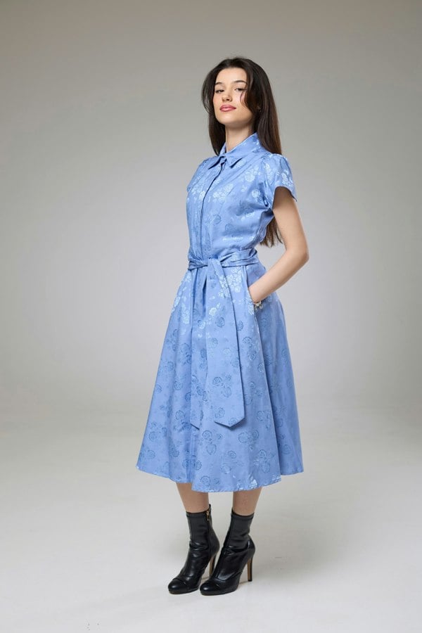 Isha's Timeless collection Sky Blue Petals Short Sleeve Shirt Dress