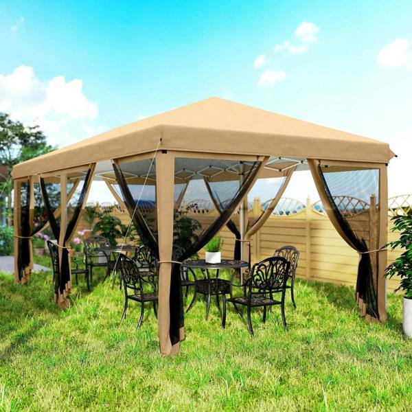 Beige pop-up gazebo with mesh curtains, wooden legs, and outdoor dining chairs inside.