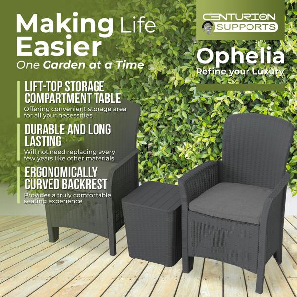 Homeology OPHELIA 3-Piece Rattan Garden Furniture High Back Armchair Set with Side Table in Black