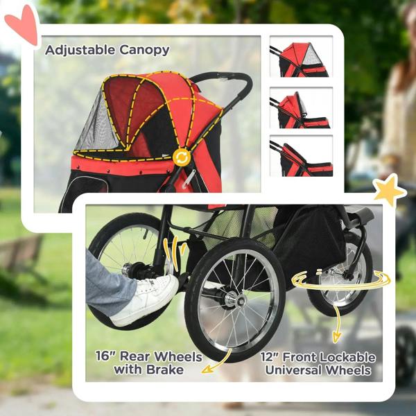 Red pet stroller with adjustable canopy, rear wheel brake and front lockable wheels