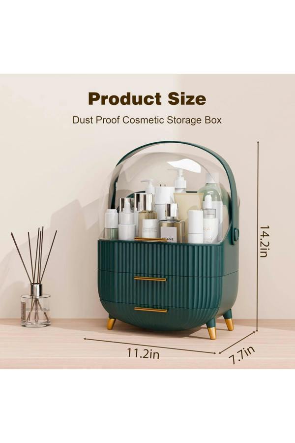 Dyzi Green & Clear Dustproof Makeup Organizer with 2 Drawers & Handle