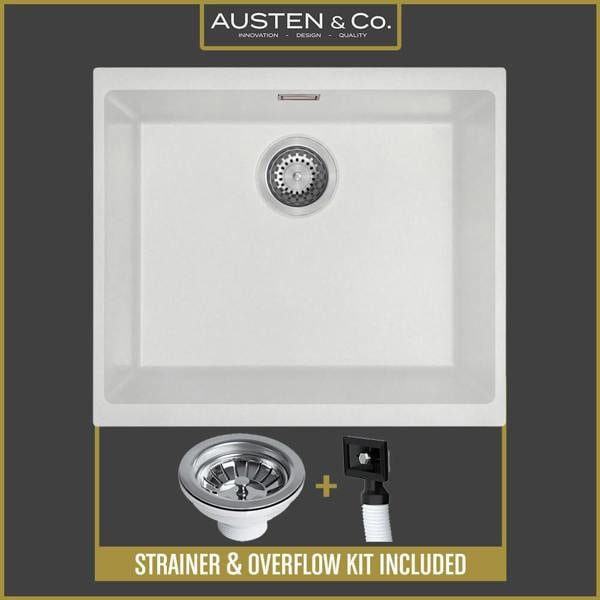 Austen & Co. Siena Inset & Undermount Large Single Bowl Reversible Granite Kitchen Sink With Strainer & Over Flow Kit - White