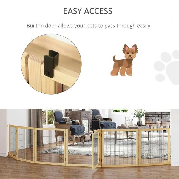 Natural wood pet gate with black wire mesh and a built-in latch for easy pet access.