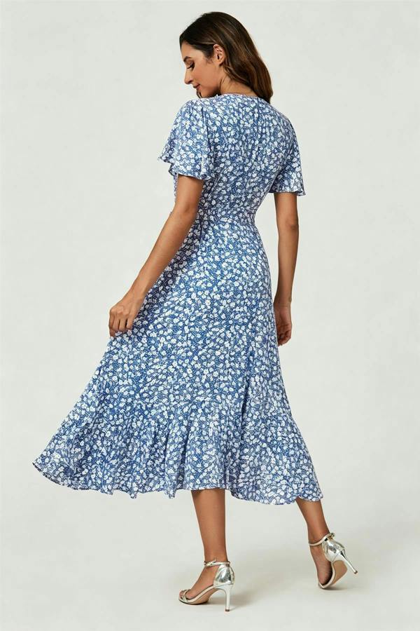 FS Collection Floral Print Midi Wrap Dress In Blue