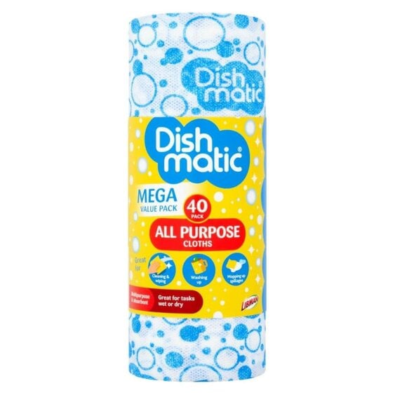 Dishmatic All-Purpose Cleaning Cloths 40 Pack for Wet & Dry Household Cleaning