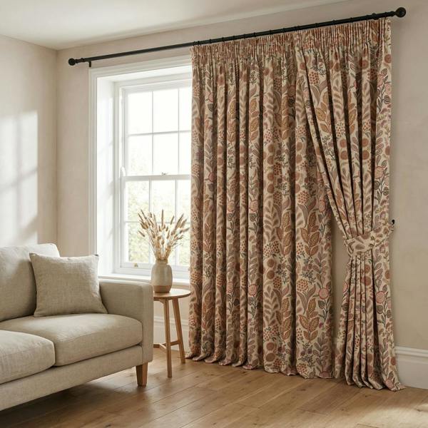 Anna made-to-measure curtains in Crimson, styled in a living room