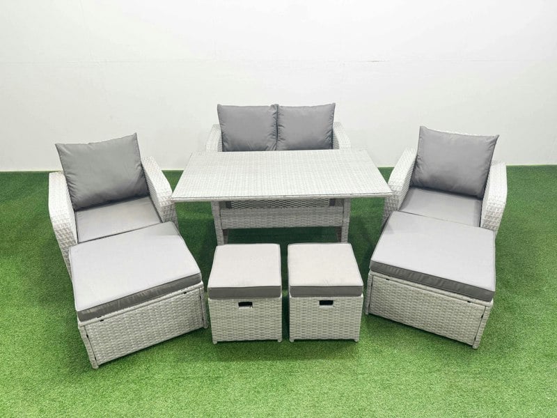 Fimous PE Rattan Lounge Sofa Set 8 Seater Outdoor Garden Furniture Set with Dining Table Love Sofa 2 Big Footstools 2 Side Tables Light Grey
