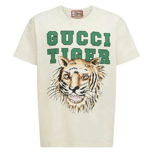 Gucci Tiger Print Logo T-Shirt   in  White